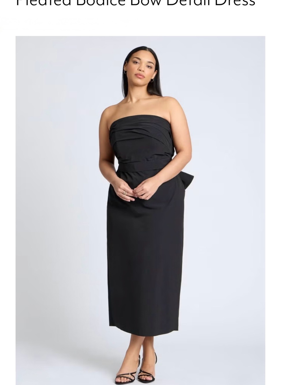 Eloquii Black Strapless Pleated Bodice Midi Dress with Bow
